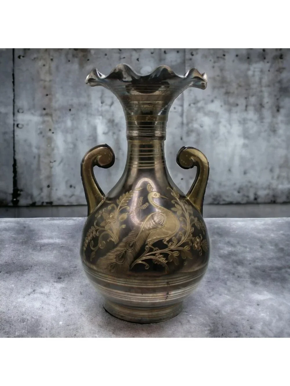 Vintage Solid Brass Vase Handles Etched Peacock & Inverted Heart Ruffled Top